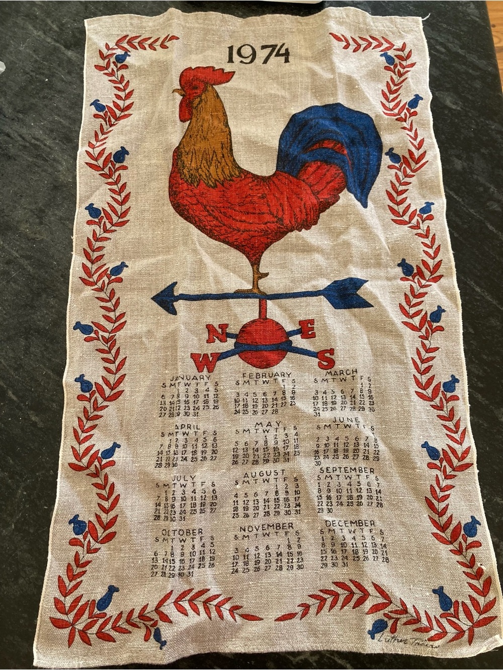 Vintage 1974 Linen Tea Towel Calendar with Large ROOSTER & Weathervane  EUC